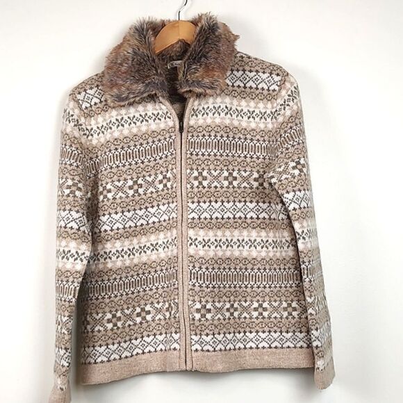 Susan Bristol Fair Isle Full Zip Faux Fur Collar Sweater Jacket Wool Size M - Picture 1 of 10